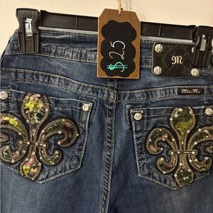 Miss Me Dark Blue Jeans with Sequin Fleur-de-Lis